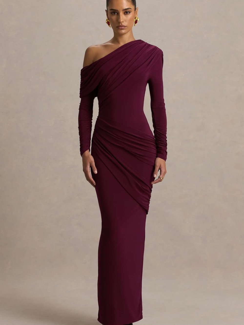 One-Shoulder Ruched Evening Gown in Burgundy